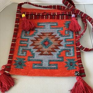 Kilim Style Zip Up Crossbody Purse/Bag Aztec Boho Hippie Fringe Beads Geometric